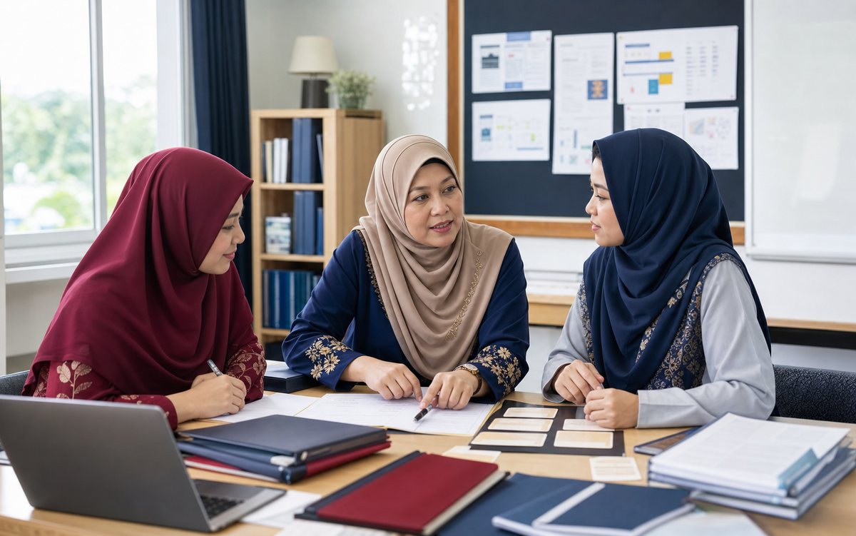 Pengajar kanan membimbing pasukan dalam perancangan pengajaran Pengajian Islam