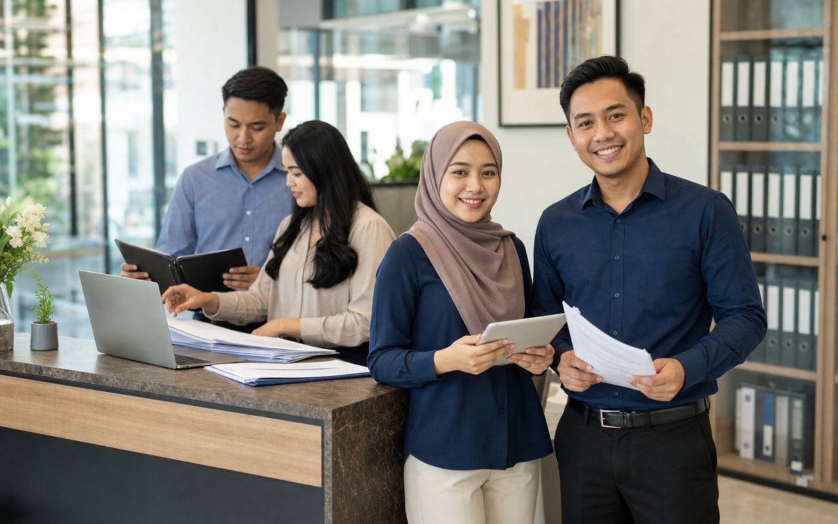 Pasukan pentadbiran mengurus penerimaan pelanggan dan dokumen pejabat