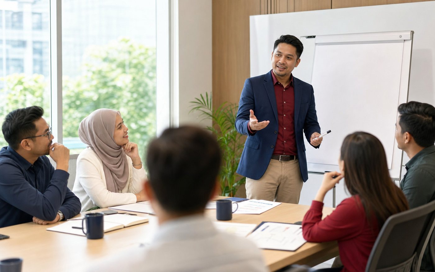 Jurulatih profesional mengendalikan sesi latihan bersama peserta dewasa